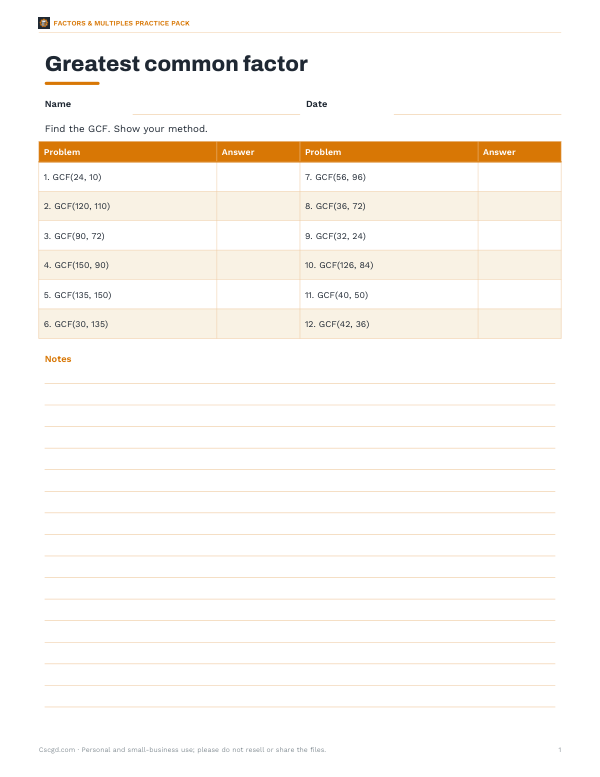 Preview of Printable GCF Practice Worksheet