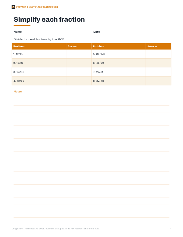 Preview of Simplify Fractions Worksheet